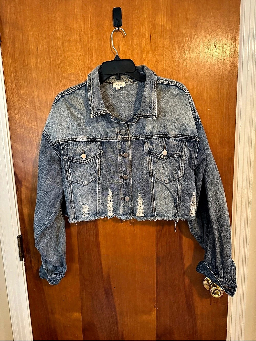 LeLis Cropped Distressed Denim Jacket